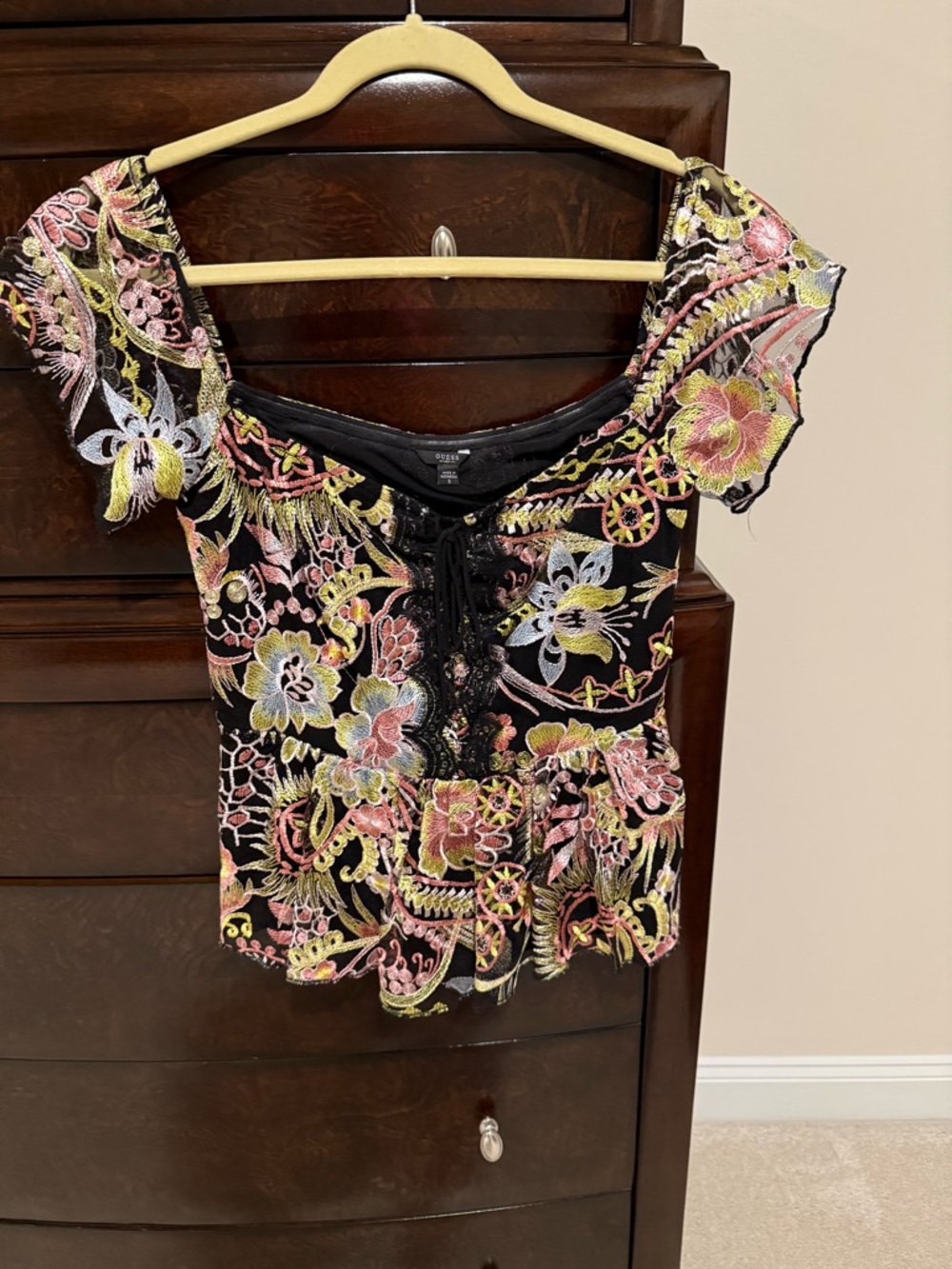 Guess Black Floral Embroidered Lace-Up Top - Pink, Yellow & Cream